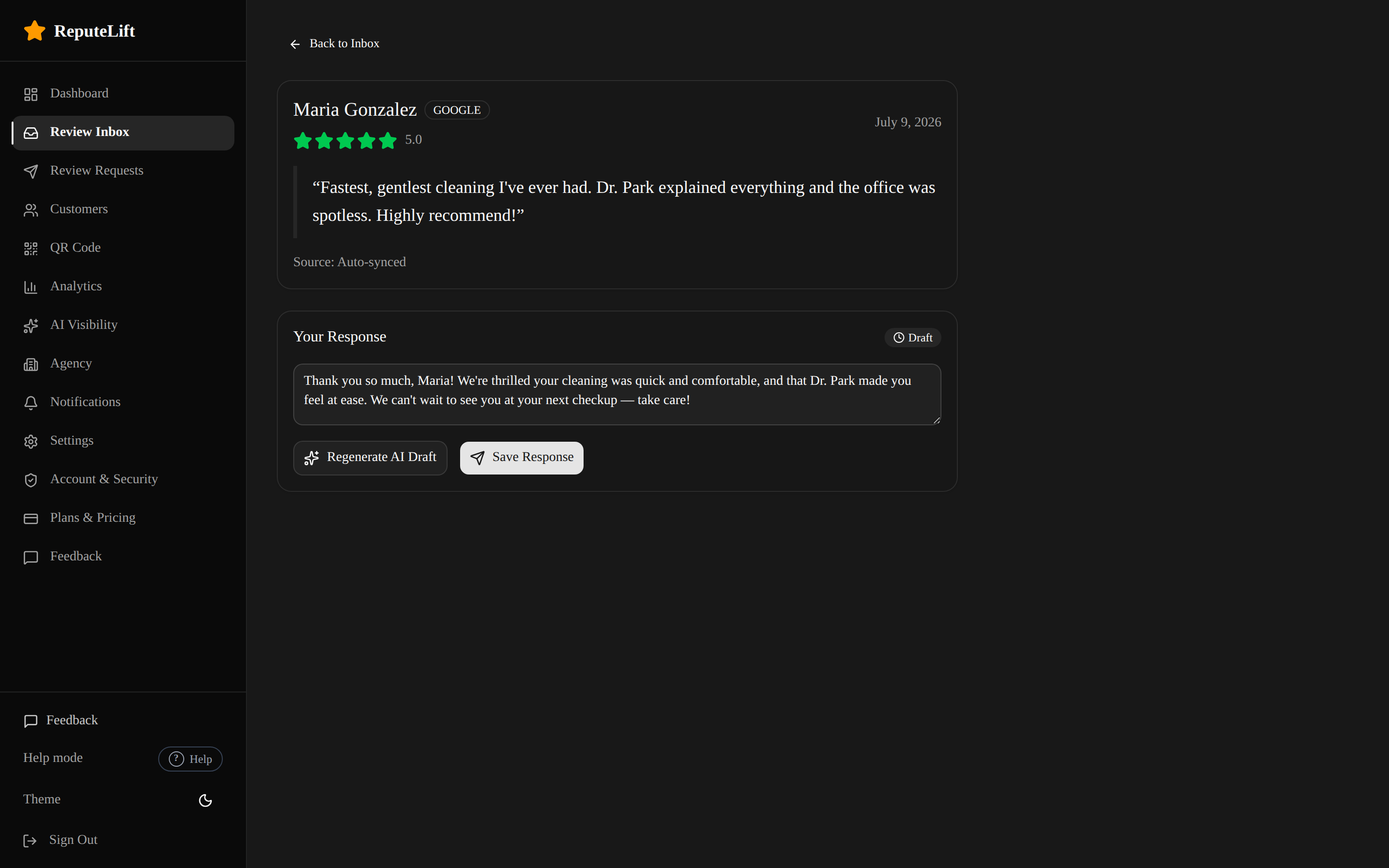 ReputeLift review detail with an AI-drafted response the owner can edit and approve before posting